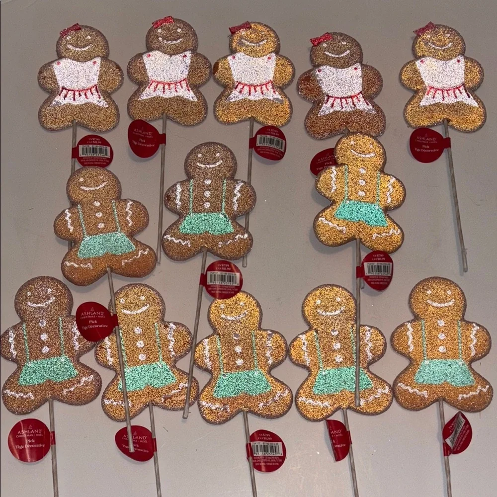 Gingerbread Man Picks Set of 13 Gingerbread Cookie Floral Tree Piks Glittery NWT